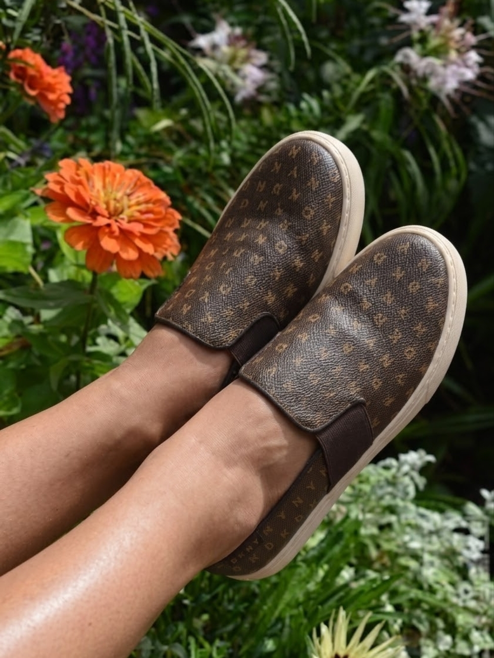 DKNY Brown Monogram Slip-On Loafers for Women
